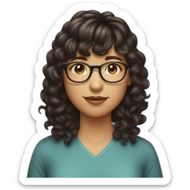 girl with short curly dark brown hair and bangs and she has thin glasses sticker