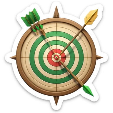 A bow with an arrow drawn back, aimed at a target with concentric rings. The background suggests a calm, outdoor archery range, emphasizing the precision, focus, and skill required in archery as a competitive sport. sticker