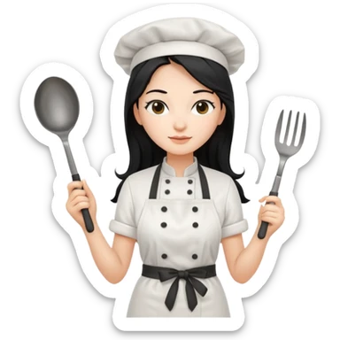 조리도구 든 대사관하얀 검정 긴머리 여자요리사 sticker