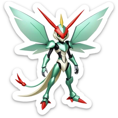 Cute Cool Edgy Shiny Futuristic Ethereal Legendary Kartana-Digimon-Schyther-Scizor-hybrid full body sticker