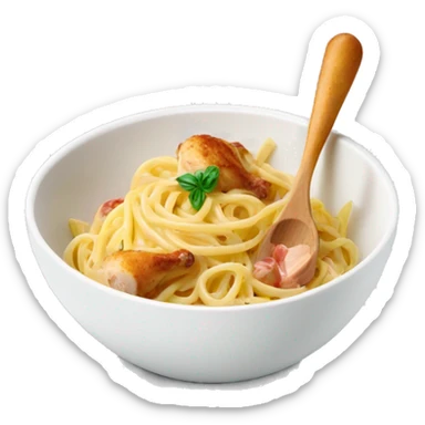 bowl of pasta carbonara with a chicken drumstick as a spoon, white background sticker
