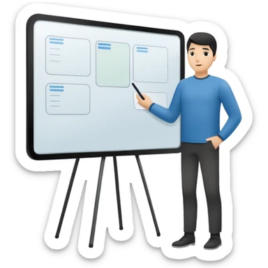 Minimalistic flat vector icon, iOS style, thin black contour on white background. Person silhouette with a project board (kanban/task board) behind. No text, no shadows.
 sticker