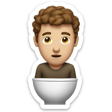 A man in a white toilet with brown hair with wide exasperation  sticker