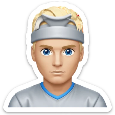 Vanilla Ice with blue eyes, blonde hair, silver outfit sticker