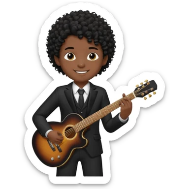 A boy with black fade curly hair Smiling and holdijg a guitar in a black suit  sticker