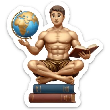 sculpted muscular stoic statue sitting on books, reading, with a globe in the background, emoji style sticker