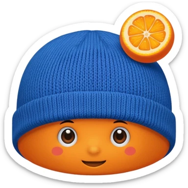 Blue beanie with an orange rim, and an orange puff dot at the top sticker