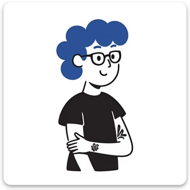 person with blue hair, glasses, and a visible tattoo, hand drawn doodle style sticker