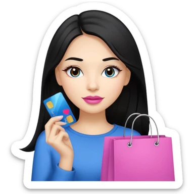 Girl with long black hair, pink lipstick, brown eyes holding shopping bags and blue credit card sticker