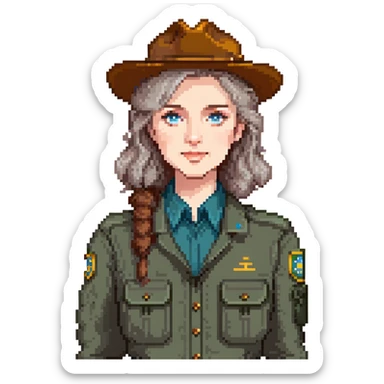 white woman park ranger with brown and gray hair and blue eyes sticker
