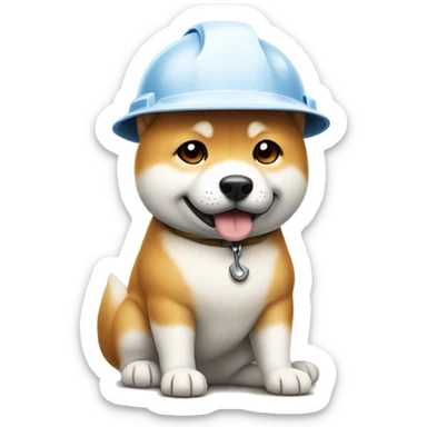 A dog wearing a hardhat, with a hammer ready to work. Cute shiba inu dog. sticker