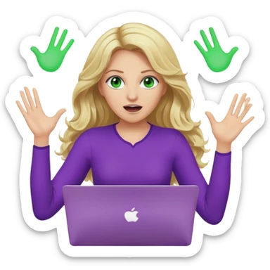lady with long wavy blonde hair, purple top, green eyes, throwing her with a purple mac laptop hands in the air screaming, looking cross sticker