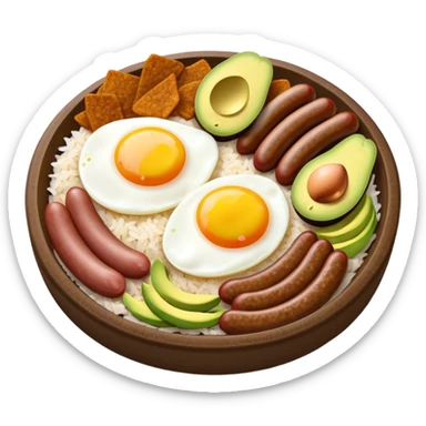 Bandeja Paisa Cinematic Realistic Bandeja Paisa Dish Emoji, depicted as a hearty platter featuring rice, beans, avocado slices, one sausage, a perfectly cooked egg, and crispy pork crackle, rendered with vivid textures and robust, inviting lighting. sticker