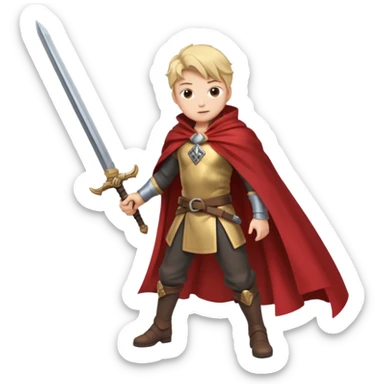 Character leaning on a sword stuck in the ground, wind whipping cape sticker