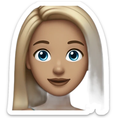 light skin woman, long straight brown hair, blue eyes, smile and makeup sticker