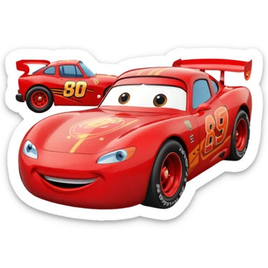 Rayo McQueen smiling, simplified red car with cartoon eyes sticker