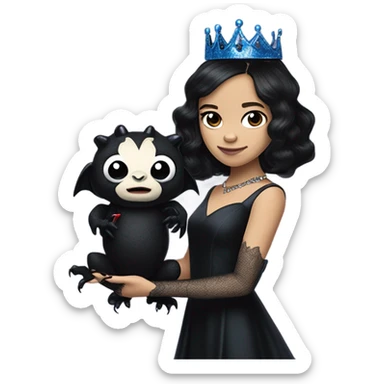 relaxed low-cut back silk black evening gown with lace gloves, Jenna Ortega as Addams woman prom queen wearing a mini tiara, very large blood blue evil-looking horned old dragon hand puppet sticker