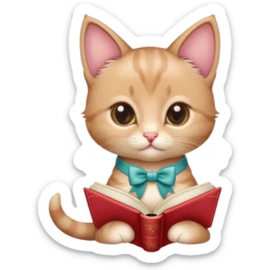 a cute kitten with a bow reading a romance book sticker