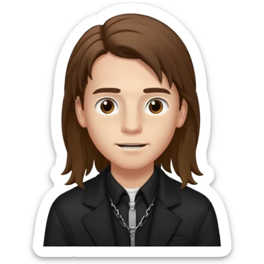 Un chico con pelo largo, que le llegue hasta las cejas, tiene pecas, brackets, ojos cafés oscuros y con una chaqueta negra sticker