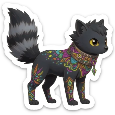 Rare charcoal-black exotic cute epic aesthetic gothic colorful Salandit-Eevee-Civet-species-Fakemon-hybrid-creature, with a collar, and with intricate colorful tribal markings, full body sticker