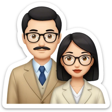 An Asian woman with black hair and a Russian guy with brown hair and mustache with glasses in Japan sticker