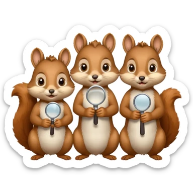 multiple cute squirrels each holding a huge magnifying glass, searching for something together, emoji style sticker