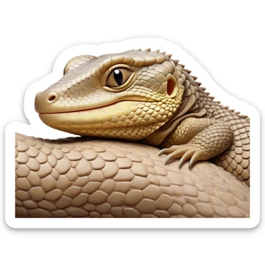 Meme-Worthy cute Sleeping Monitor Lizard Portrait Emoji, Head resting peacefully with a contented smile, showcasing intricately patterned scales and eyes gently closed in serene slumber, Simplified yet comically adorable features, highly detailed, glowing with a soft, drowsy earthy light, high shine, relaxed and utterly lovable, stylized with an air of playful laziness, bright and heartwarming, soft glowing outline, capturing the essence of a sleeping reptilian guardian that feels destined to become the next viral icon of adorable rest! sticker