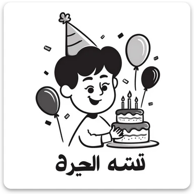 Extremely colorful and bright drawing of a cheerful boy with a birthday cake, rainbow colored decorations and party elements. At the bottom in large, bold, prominent Persian text write: "امیدرضا جان تولدت مبارک" sticker