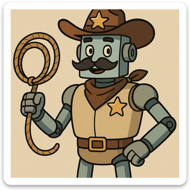robot sheriff with a mustache, holding a lasso, wearing a sheriff hat, friendly expression, simple style sticker