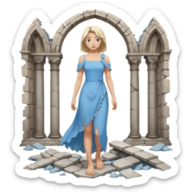 Female figure standing barefoot in ruined cathedral, dress slipping from shoulder sticker