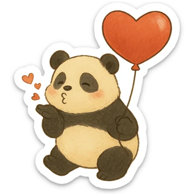 panda with heart-shaped balloon blowing kisses, soft Ghibli style sticker