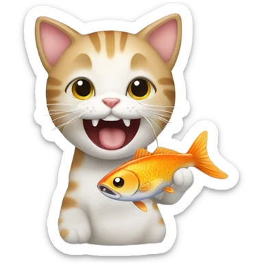 a cat happy to bite a fish sticker