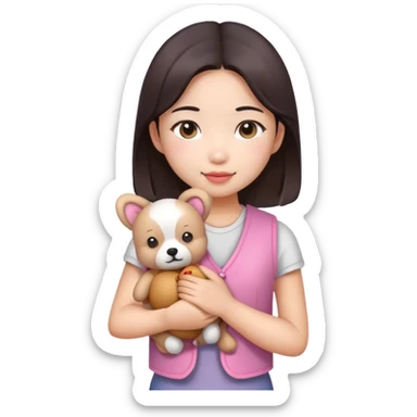A beautiful Asian girl, fair complexion, wearing a pink vest, holding a little teddy dog in her arms sticker