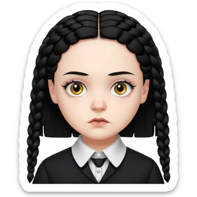 Draw Wednesday Addams (Jenna Ortega) with pale skin, black braids, dark uniform, white collar & intense stare. sticker