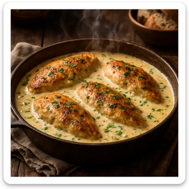 creamy chicken, steaming, rustic style, hearty meal, no text sticker