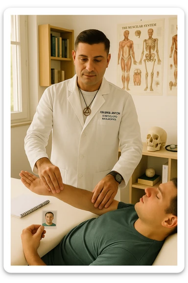a middle-aged man, dressed in casual professional attire, is in a bright, organized therapy studio. Durante una visita di kinesiologia, il praticante tiene con una mano la foto di una persona lontana (il “testimone”) appoggiata su un tavolo, mentre con l’altra mano esegue un test muscolare su un cliente presente. Sullo sfondo si vedono libri di kinesiologia, poster anatomici e strumenti tipici della disciplina. L’atmosfera è concentrata e serena, con luce naturale che entra dalla finestra, sottolineando l’aspetto alternativo e umano della pratica. sticker