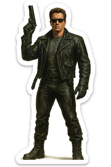 Full-body Terminator Arnold Schwarzenegger in leather jacket, holding a gun raised, realistic painted style sticker