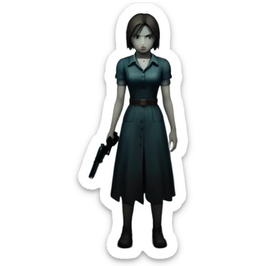 An icon featuring a dark, eerie atmosphere with a spooky environment, inspired by horror games like Resident Evil. The design includes ominous lighting, creepy shadows, and a silhouette of a character in distress. Transparent background enhances the chilling vibe of the scene. sticker