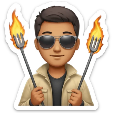 A guy in sunglasses holding tongs, proudly turning skewers over glowing charcoal. sticker