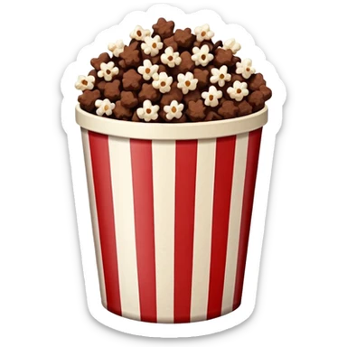 Chocolate popcorn in a paper jar with red and white vertical lines sticker