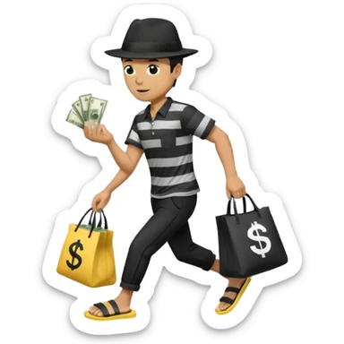 Make a man wear a black pant and he shirt is balck line and white line and wear a black hat and he holding a money bag and he running he wear a black eye thing no money in the Left hand and he yellow and the money bag in the right he wear a flip flop like this is Money bag 💰 NO MONEY sticker