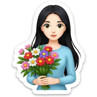 Beautiful girl with long black hair holding a bouquet of flowers sticker