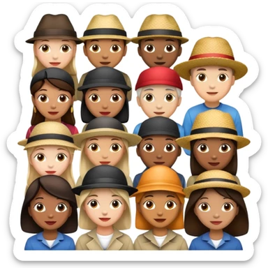 diverse group of people, each with a unique hat sticker