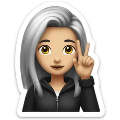 A girl with black and white hair puts her finger on her head sticker