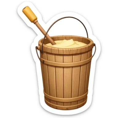 Create a wooden butter churn bucket with stick showing  sticker