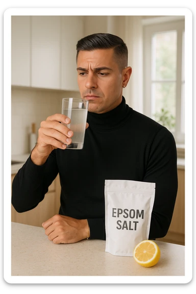A realistic, bright photo-style image of a young man in his 30s standing in his kitchen, holding a clear glass filled with water in which Epsom salt (magnesium sulfate) has been dissolved. He looks focused but slightly uncertain as he prepares to drink it for a liver flush or digestive cleanse. The glass shows slight cloudiness from the dissolved salt. On the counter are a packet labeled 'Epsom Salt' and a sliced lemon, suggesting he might use it to mask the taste. The setting is clean, natural, and bright with neutral tones. The background shows sunlight streaming through a window, emphasizing a clean, minimalist health-focused environment. The mood conveys a realistic, calm moment of self-care with a hint of discomfort, illustrating a natural detox practice sticker