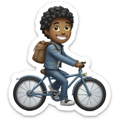 smiling boy in denim jacket riding a bicycle  sticker