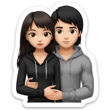generate a pretty bratz girl in black cami top, dark brown straight long hair with bangs, eyeliner on, 

hugging a handsome muscular boy with black hair and a grey hoodie sticker