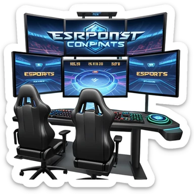 An icon featuring a gaming monitor displaying an intense esports competition, with players' hands on controllers and keyboards. A digital scoreboard and glowing energy lines surround the scene, symbolizing the excitement of competitive gaming. Transparent background highlights the world of esports. sticker