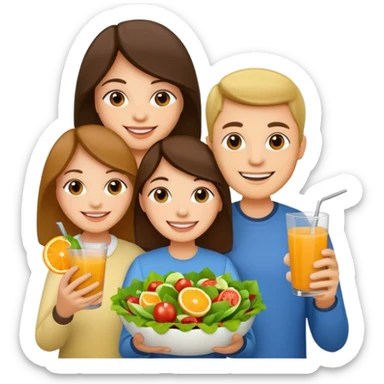 family holding salad and orange juice sticker